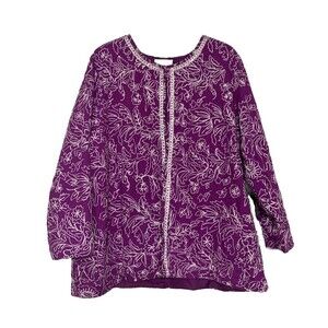 Ulla Popken Artsy Blazer Jacket Size 20/22 Purple Embroidered 1 Closure At Top